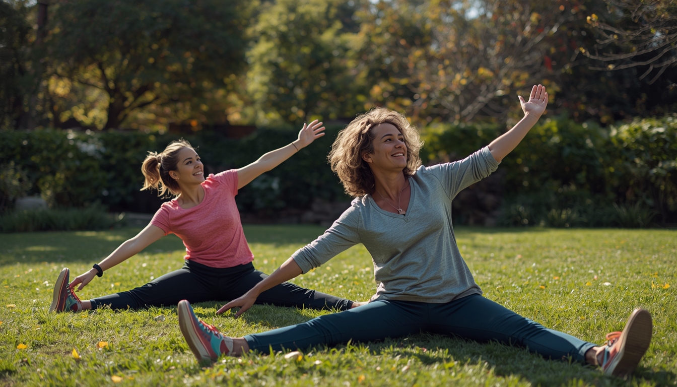 Lovelyaineckux friends stretching outdoors
